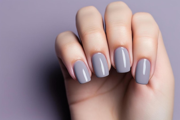 female hand with long nails gray manicure and a bottle of nail polish