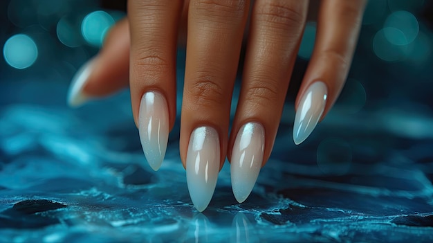 Female hand with long nails and white manicure on a blue background