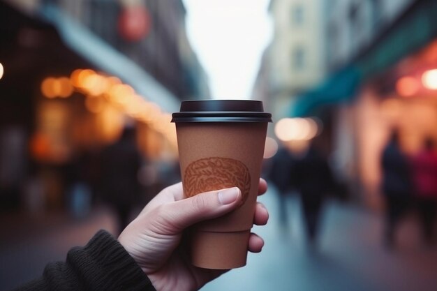 紙のコーヒーカップを持った女性の手コーヒー杯を取るために持っている女性背景にぼんやりした街の通り