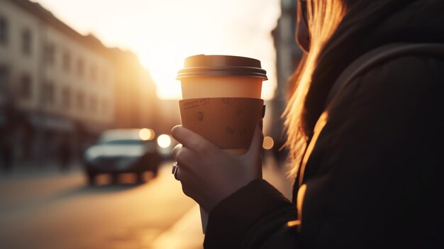 写真 紙のカップでコーヒーを飲む女性の手