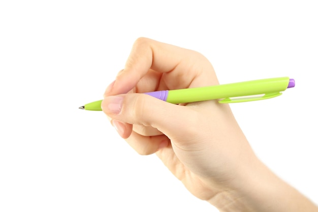 Female hand with pen isolated on white