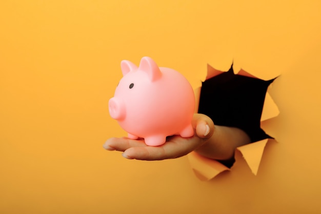 Female hand with a piggy bank through a yellow paper hole. Investment and savings.