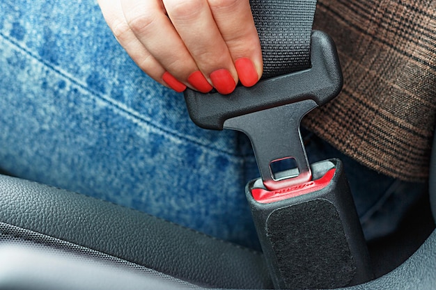 빨간 매니큐어가 있는 여성의 손은 자동차 클로즈업에서 안전 벨트를 고정합니다.