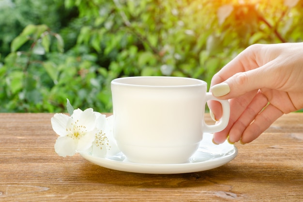 Female hand with white mug of tea and jasmine. Greenery on background. 