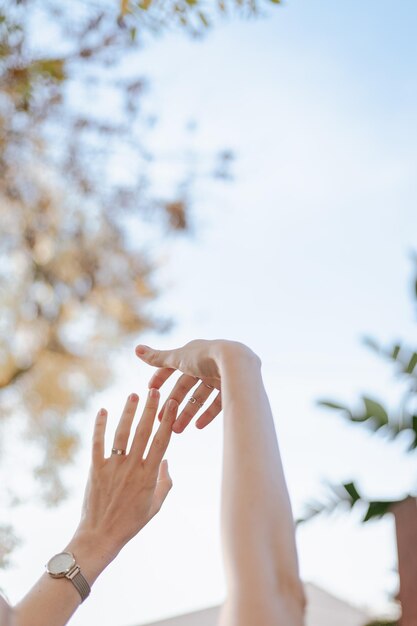 Photo female hands against the sky