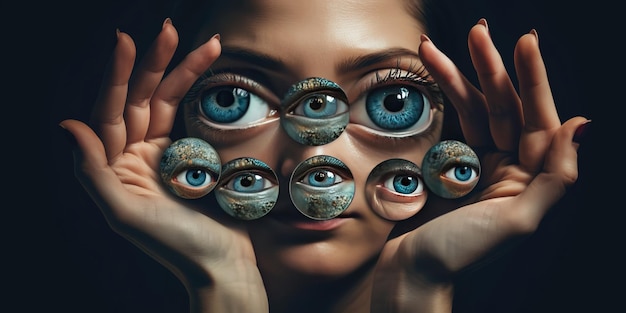 Photo female hands are holding a mirror with many human eyes