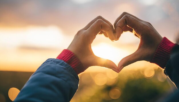 female hands create a heart shape against the radiant sky symbolizing love unity and connection