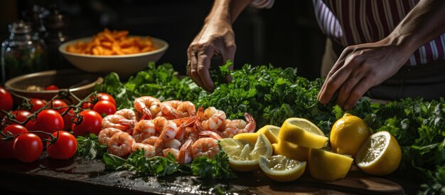 Female hands cutting fresh shrimp with lemon and parsley on wooden table