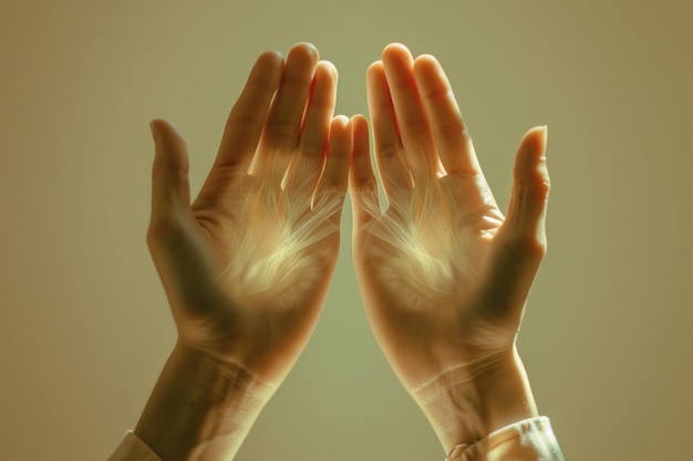 Female hands emitting Reiki healing energy on light background