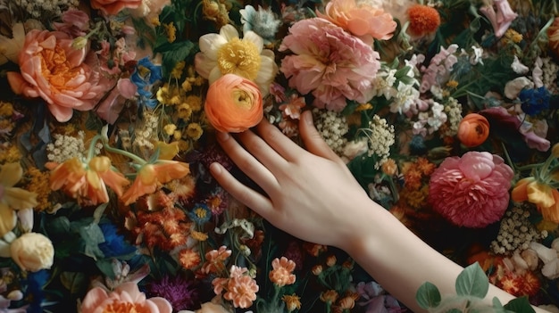 Female hands in flowers skin care concept