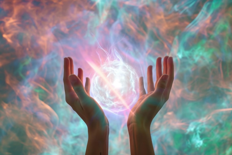 Photo female hands harness healing energy with ethereal background