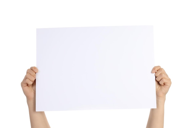 female hands hold blank banner isolated on white background