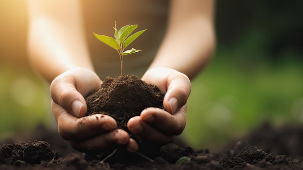 female hands hold a bunch of earth with a background of green grass ecology ai generated