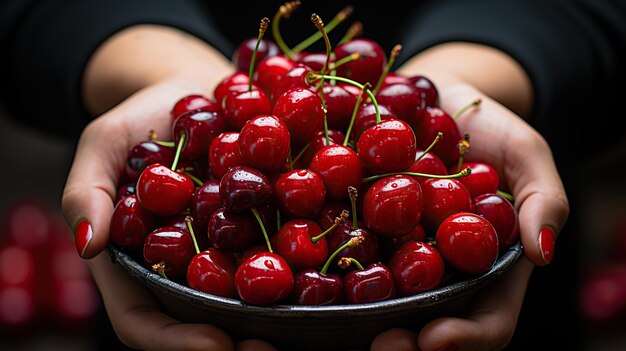 Photo female hands hold an cherry on a sunny background closeup generative ai