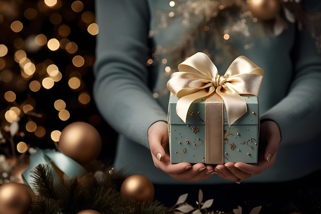 Female hands hold christmas or new year gift box on bokeh background Christmas new year concept