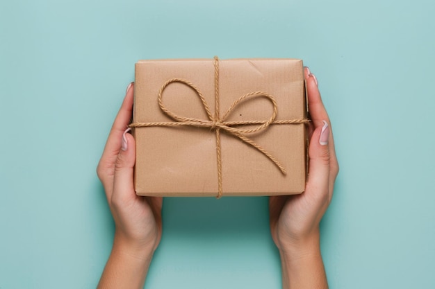 Photo female hands hold eco friendly package box on blue background