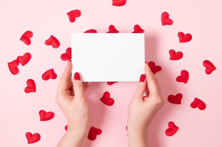 Photo female hands hold greeting card for valentines day place for your text