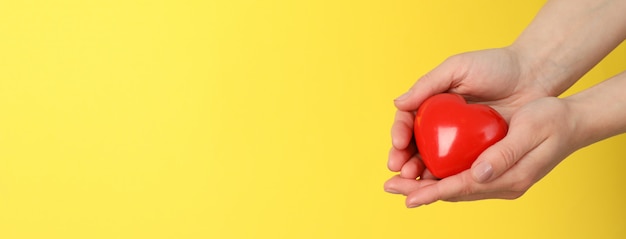 Female hands hold heart on yellow space. Health care, organ donation