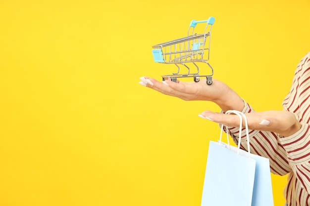 Female hands hold shop trolley and paper bag on yellow background.