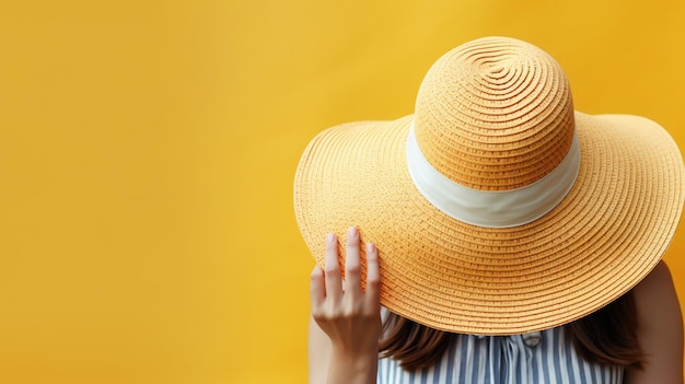 Female hands hold summer straw hat Vacation concept