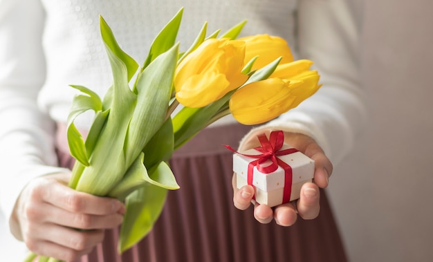 Female hands hold tulips and gift box on write background