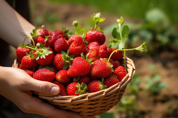 Female hands holding basket with ripe strawberries in the garden