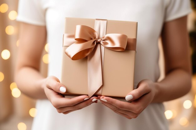 Female hands holding beautiful small gift wrapped with satin ribbon Woman hands with white sweater