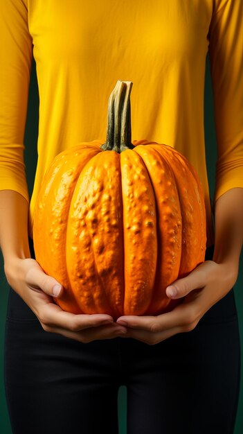 Female hands holding a big orange pumpkin on a dark green background