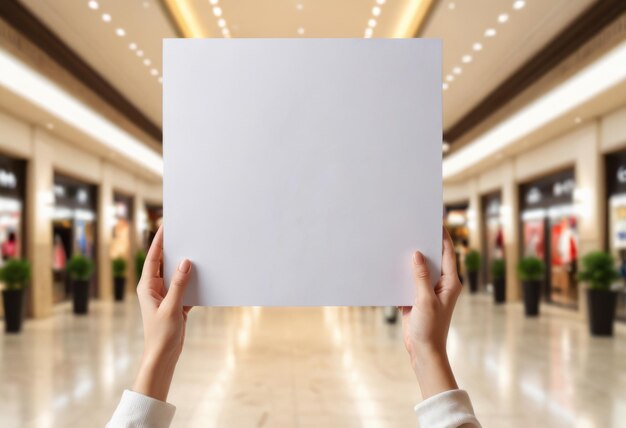 Photo female hands holding a blank poster displayed a shopping mall ready for advertise