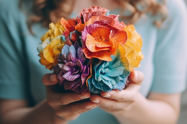 Female hands holding a bouquet of paper flowers Generative AI