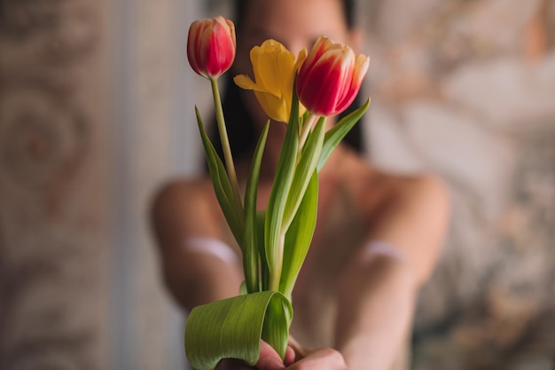 Mani femminili che tengono un mazzo di tulipani di fiori primaverili rosa gialli dettagli femminili di bellezza