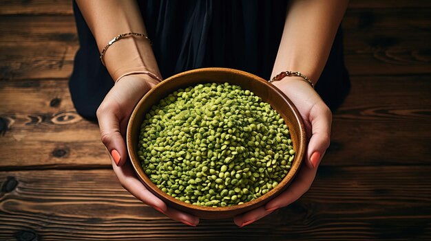 Female hands holding a bowl of green lentils on a wooden table