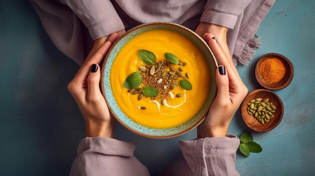 Female hands holding a bowl of pumpkin soup