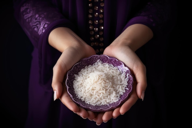 米の鉢を握っている女性の手