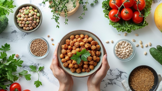 Photo female hands holding bowl of spicy roasted chickpeas amidst various healthy foods