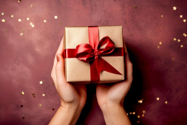 Female hands holding a Christmas gift box decorated with a red ribbon and glitter on red background