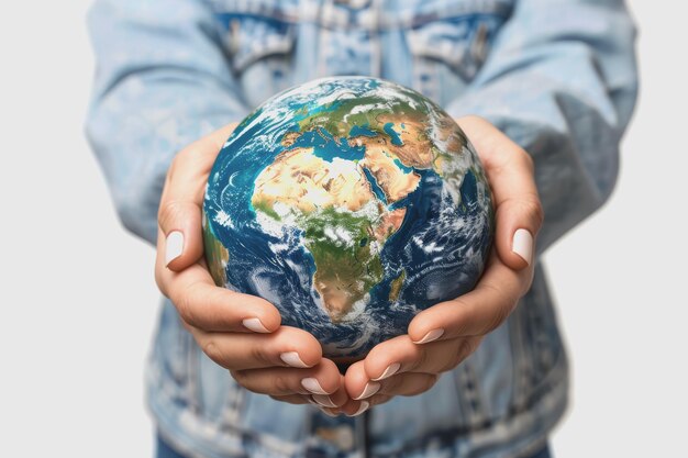 Female hands holding Earth isolated on a white background World Earth Day environment