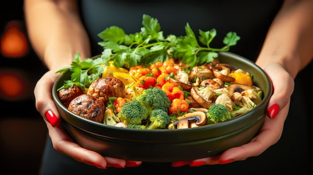 Female hands holding frying pan with meatballs mushrooms and vegetables on dark background
