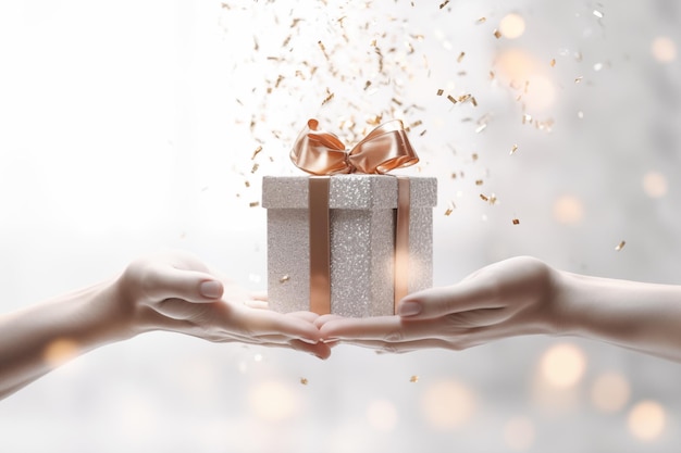 Photo female hands holding gift box on bokeh background closeup