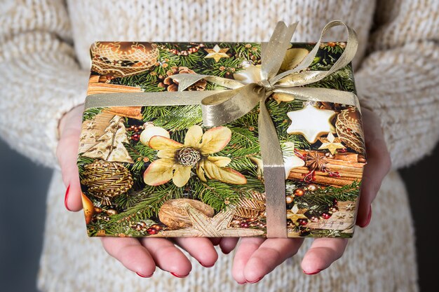Female hands holding gift box, Christmas present