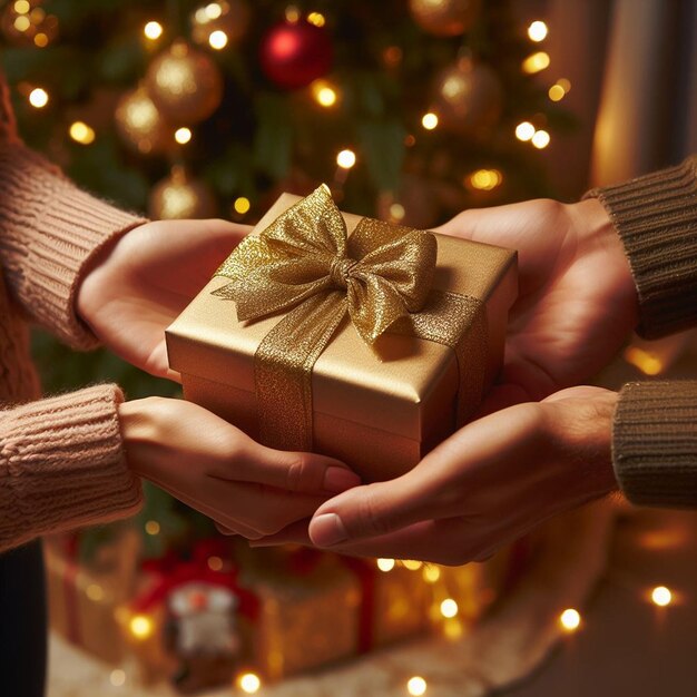 Female hands holding a gift box in front of a Christmas tree