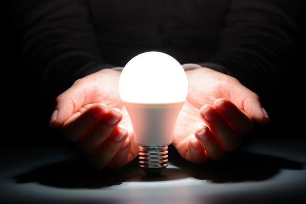 Female hands holding a glowing led bulb in the dark