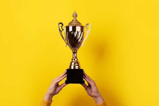 Female hands holding golden trophy over yellow background