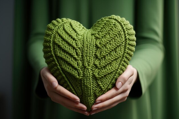 Photo female hands holding a green knitted heart