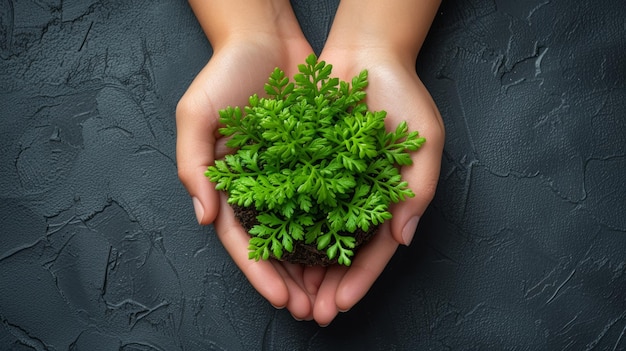 Photo female hands holding green plant on dark background top view with copy space generative ai