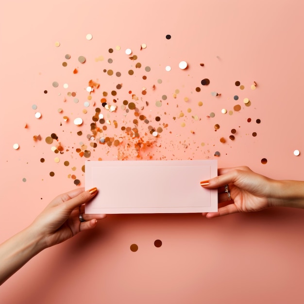 Female hands holding a pastel pink envelope on a pastel orange background with confetti empty space