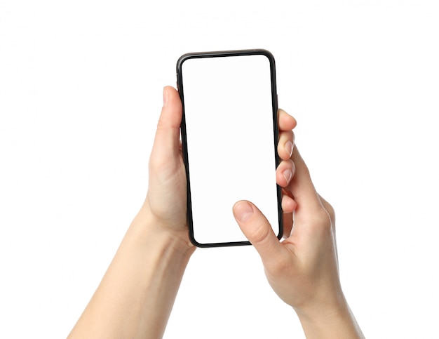 Female hands holding phone with empty screen, isolated on white background