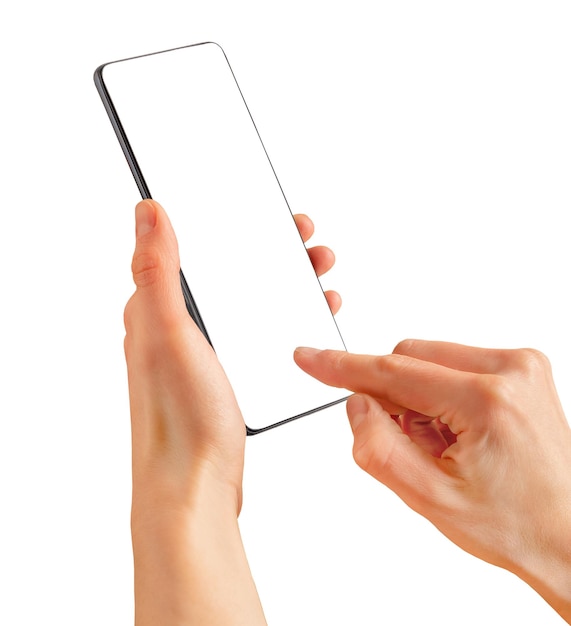 Female hands holding phone with empty screen isolated with clipping path