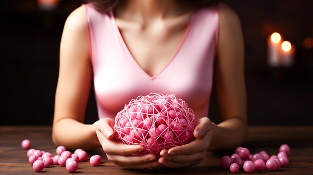 Female hands holding pink ribbon on wooden surface