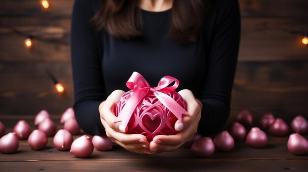 Female hands holding pink ribbon on wooden surface